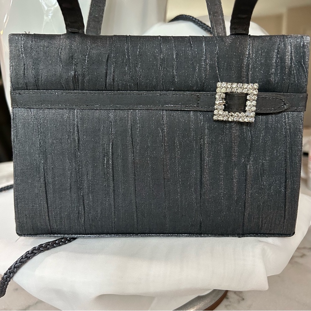 Women Metallic Clutch with Rhinestone Accent. Small purse dark grey with mirror - Picture 6 of 13